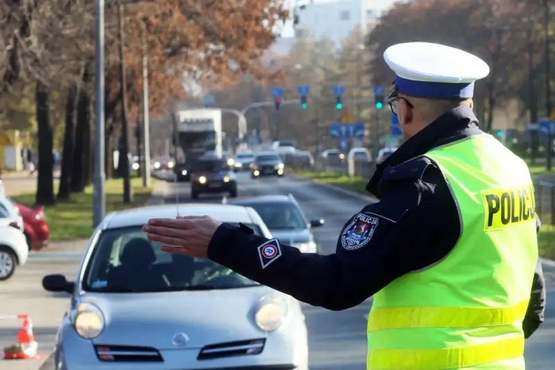 Policjant kieruje ruchem na ulicy. Kierowca zatrzymuje się, bo zgubił prawo jazdy i boi się kontroli.
